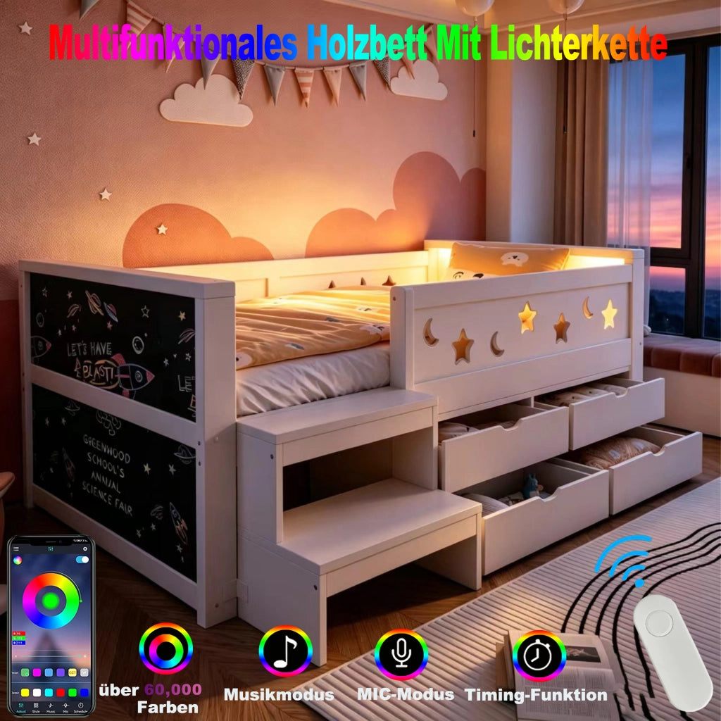 Letto singolo per bambini 90x200 cm con sponde stelle e luna; lavagna; cassetti; gradino e LED; legno bianco