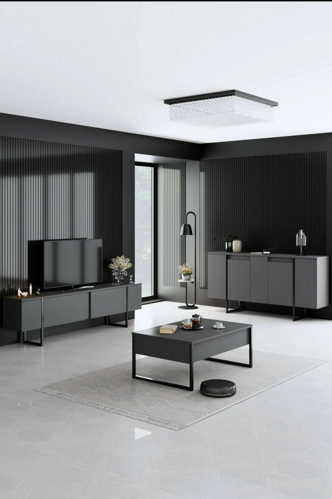 Credenza Arta, Buffet da soggiorno, Madia da salotto, Dispensa da cucina, 160x35h80 cm, Antracite e Nero