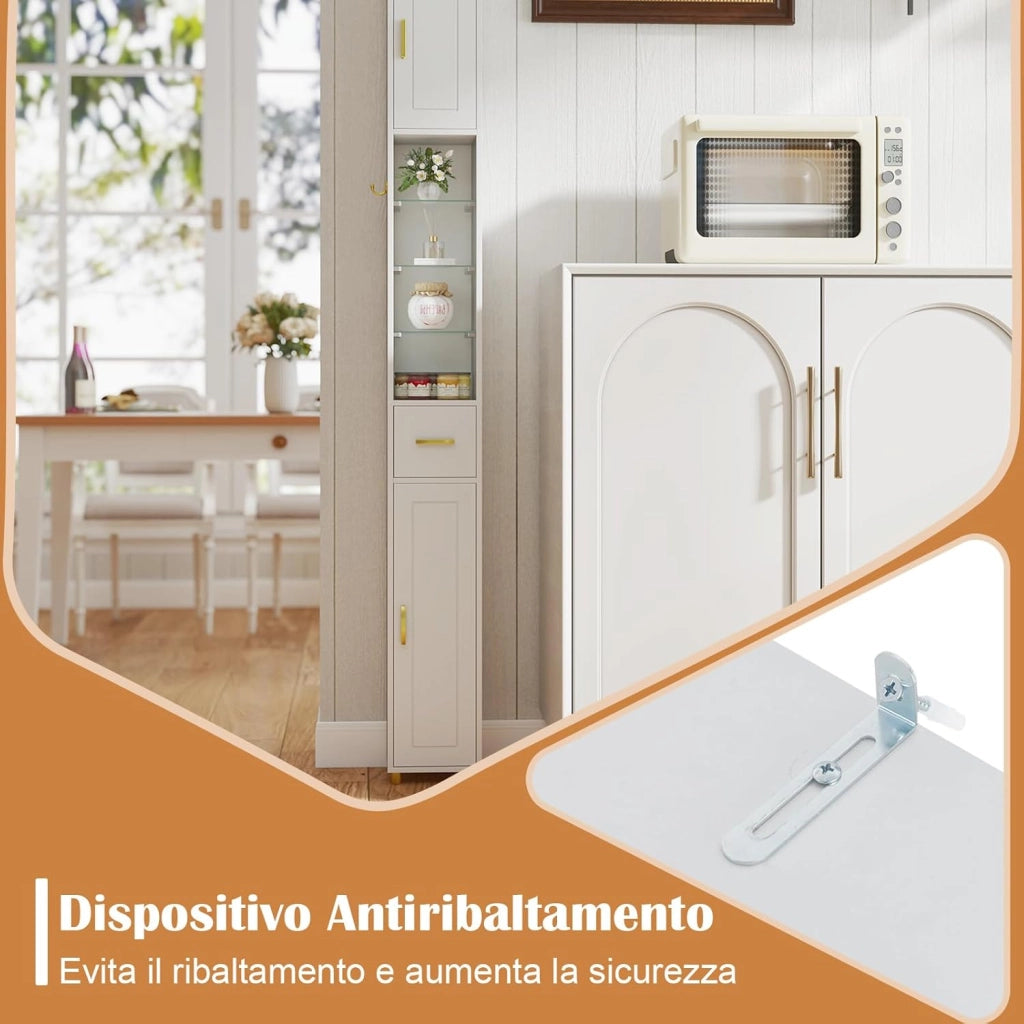Mobile Bagno Salvaspazio con Luce, Colonna Bagno con Scomparti Aperti in Vetro, Ripiani Regolabili, 1 Cassetto e Gancio Laterale per Spazi Ridotti 20 x 20 x 181 cm (4 Ripiani con Luce, BIanco)