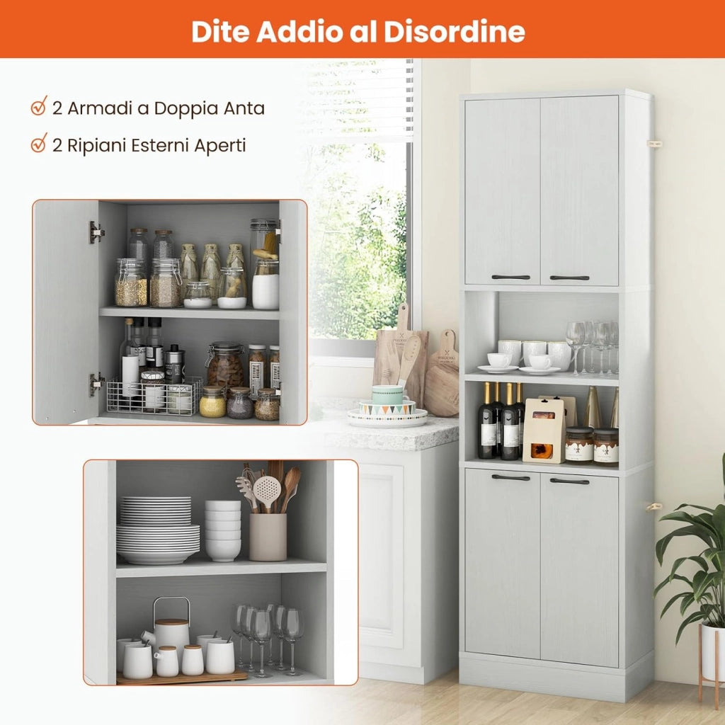 Credenza da Cucina, Mobile Buffet Alto con 2 Armadi a Doppia Porta e 2 Mensole Aperte, per Soggiorno, Cucina e Sala da Pranzo, 56 x 30 x 190 cm (Quercia Bianca)