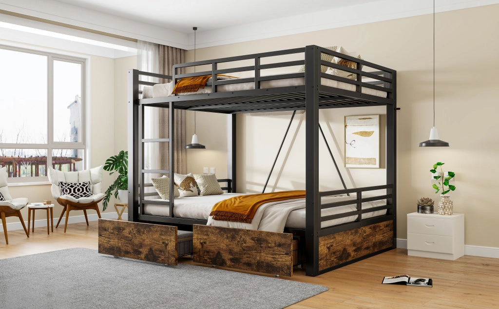 Letto a castello matrimoniale 140 × 200 cm con cassetti, scala e barriere di sicurezza, senza materasso, nero