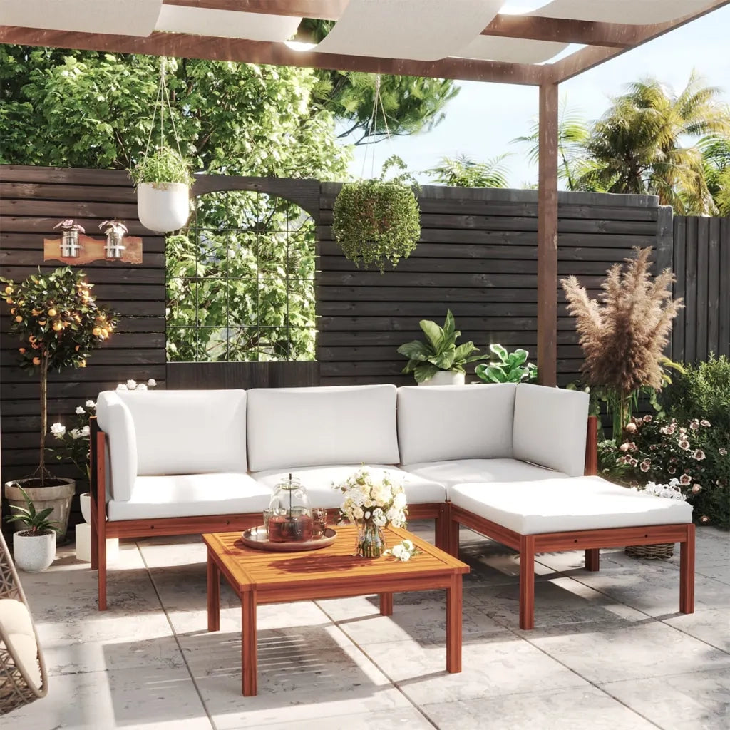 Set da giardino 5 pezzi con cuscini in legno crema, acacia e corda 3057879