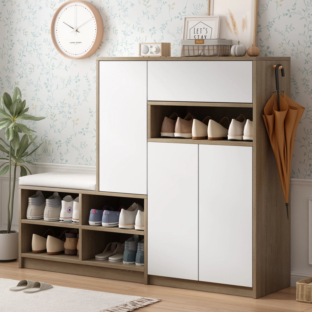 Scarpiera multifunzione con panca imbottita, ripiani regolabili, dispositivo anti-ribaltamento, colore bianco