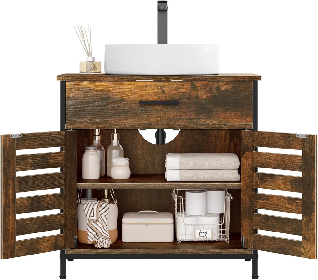 Mobiletto, Mobile Lavabo, Mobile Bagno, con 1 Cassetto Grande, 2 Ante a Ribalta, Ripiano Regolabile, MDF, 60x30x60cm, Marrone Rustico
