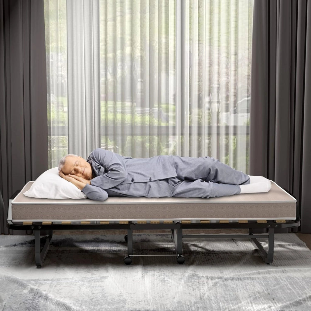 Letto Singolo Pieghevole, Portata di 120 kg, con 4 Ruote, 4 Gambe in Mettallo, Fibbia Fissata, 90 x 200 cm, Materasso di 10 cm, Ideale per Viaggio e di Riserva