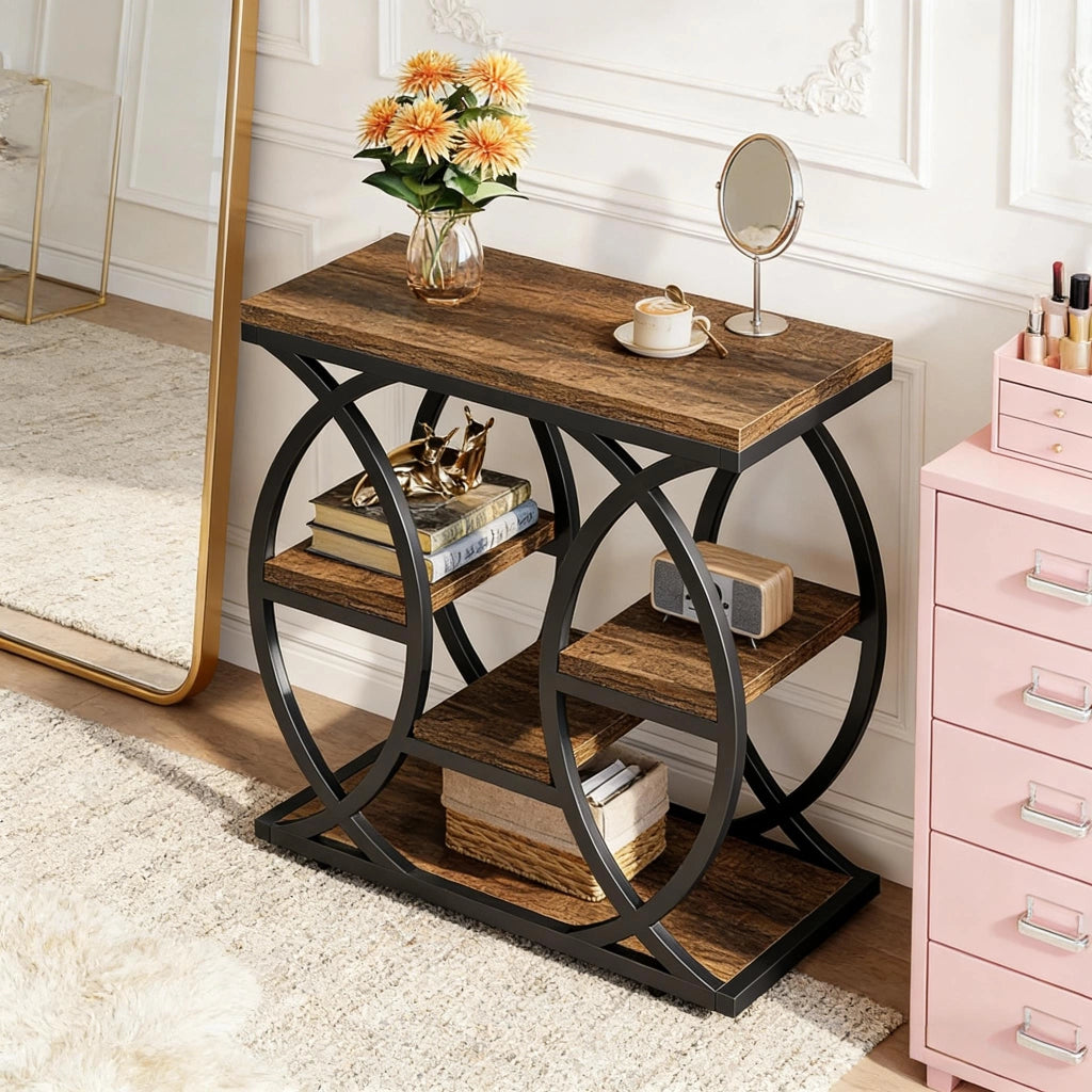 Tavolino basso compatto a più livelli in metallo e legno marrone 72 × 61,5 × 11,5 cm