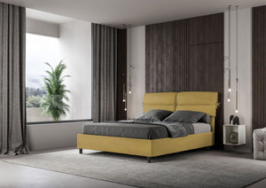 Letto Matrimoniale 160x210 cm con Rete e Contenitore con Testata e Alzata Comoda Imbottito in Microfibra Nandy Ocra