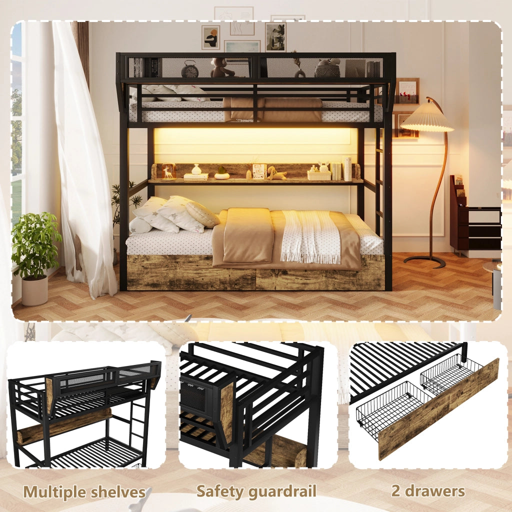 Letto a castello 90 × 200 cm con LED, 2 cassetti, ripiano et cestino, senza materasso, in metallo e MDF, nero
