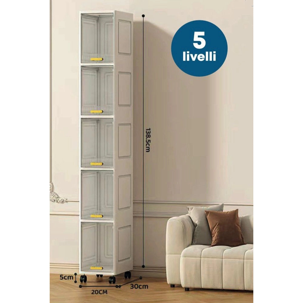 Trade Shop - Mobiletto A 5 Livelli Contenitore Portaoggetti Organizer A Colonna Stretto Con Ruote -