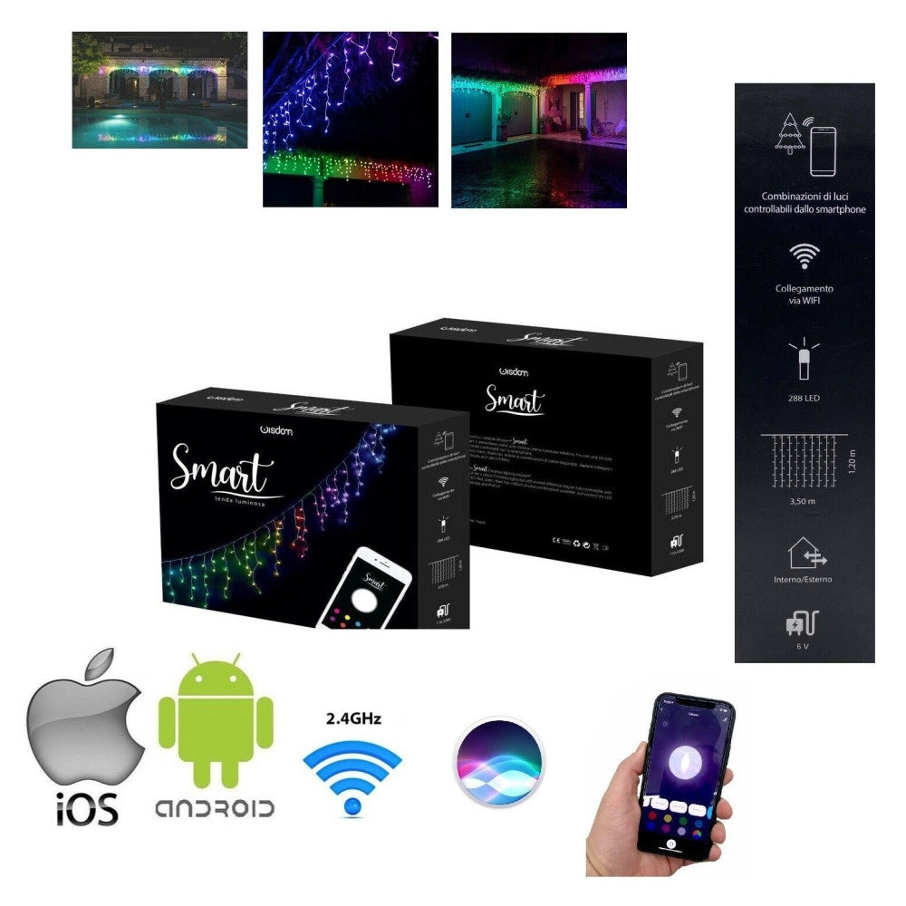 Trade Shop - Tenda Luminosa Con Controllo Remote Smart Con App 288 Luci A Led Rgb 3,50x1,20mt -