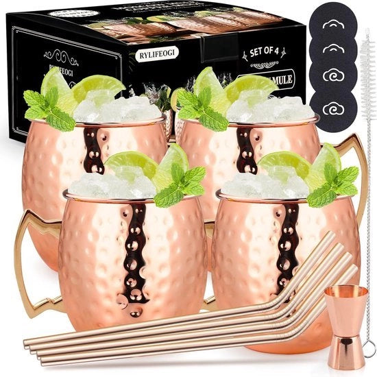 Set di bicchieri da Moscow Mule, 4 pezzi, bicchieri in rame con cannuccia a jigger, regalo per bar, festa, festa in casa