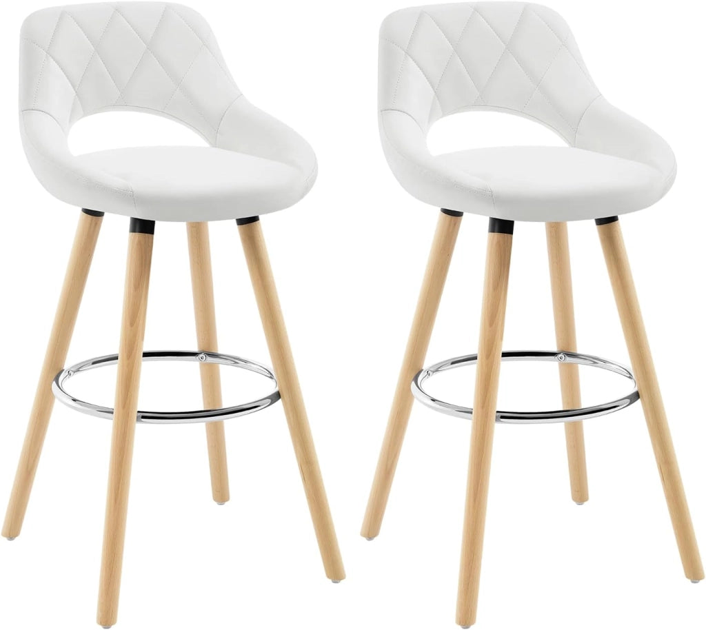 Sgabelli da Cucina Set di 2, Sgabello da Bar per Colazione, Sgabelli Alti con Poggiapiedi e Schienale, Sedile in Pelle Sintetica+Gambe in Legno, Bianco, BH111ws-2