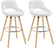 Sgabelli da Cucina Set di 2, Sgabello da Bar per Colazione, Sgabelli Alti con Poggiapiedi e Schienale, Sedile in Pelle Sintetica+Gambe in Legno, Bianco, BH111ws-2