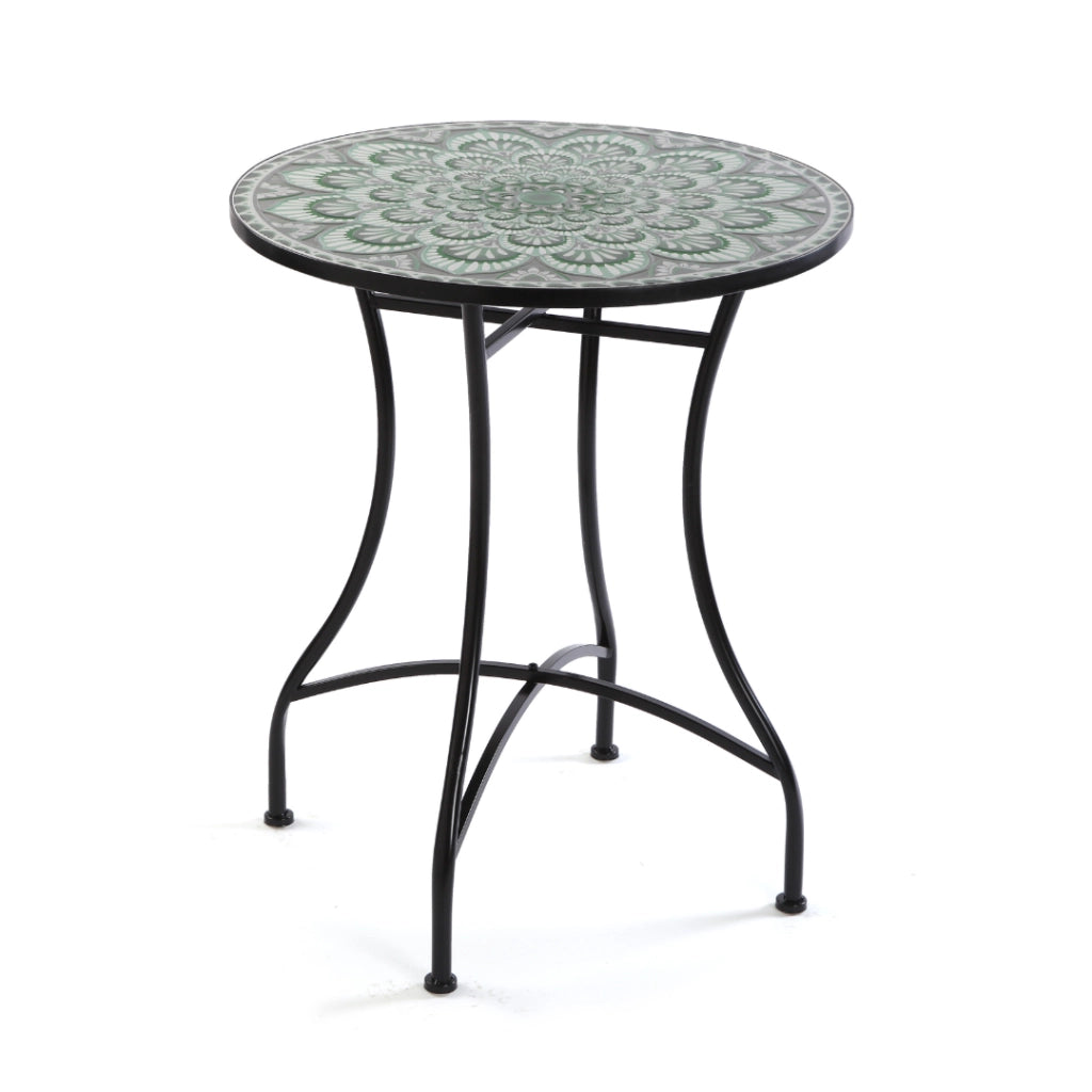 Set tavolo e 2 sedie Mandala verde metallo smaltato e ceramica a mosaico 60cm