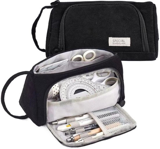 Etui con chiusura a cerniera - Grande capacità - Etui con tasche - Corduroy - Nero - Dimensioni 20,5×9 cm