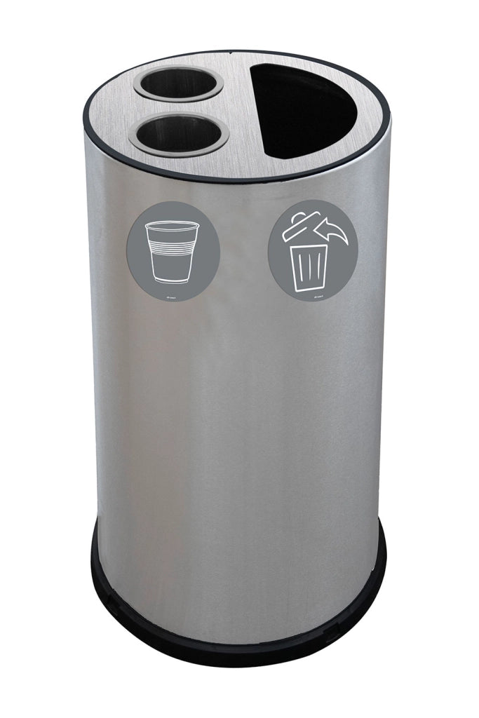 Pattumiera a Bidone per Raccolta Differenziata Ø35x72 cm 2 Scomparti Tubolari e 1 Scomparto da 35 L in Acciaio Inox