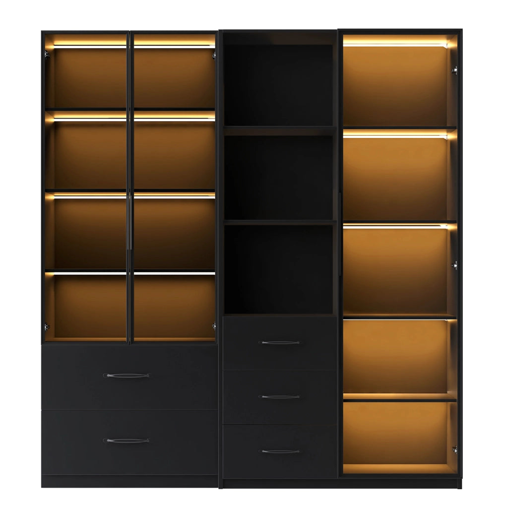 Vetrina LED modulare 140 x 40 x 160 cm con ante in vetro, ripiani aperti e cassetti, colore nero
