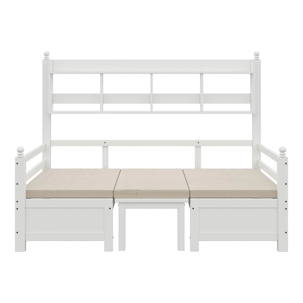 Divano multifunzione legno - Xylo - 200x90cm bianco, ripiani, cuscini