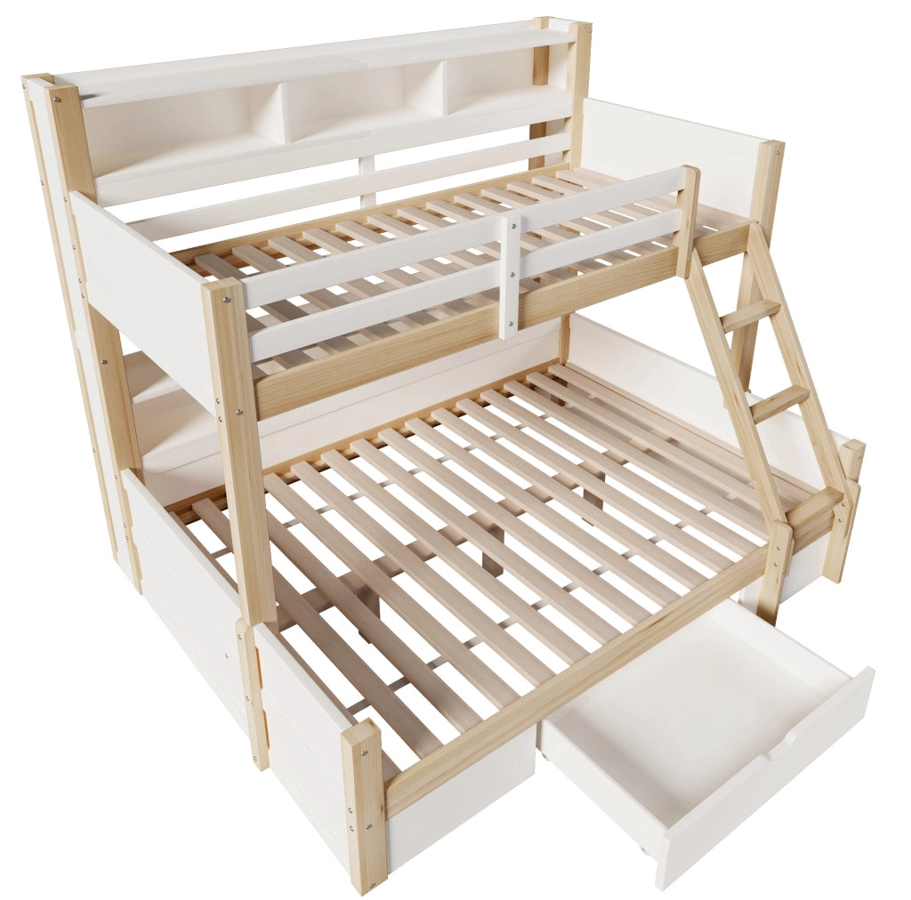 Letto a castello per bambini 90x200 cm + 140x200 cm in pino; bianco e naturale; con LED; cassetto e vani aperti
