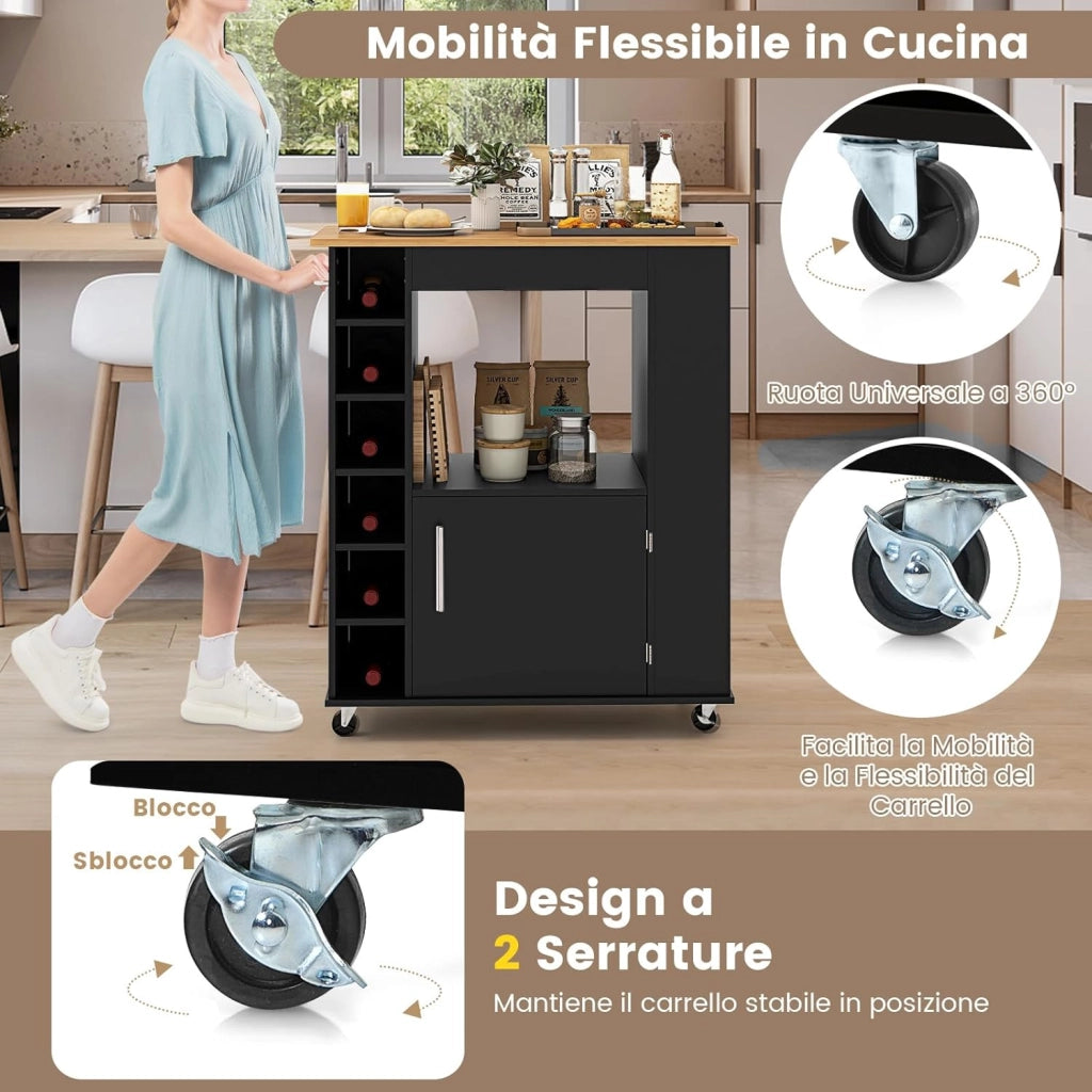 Carrello da Cucina con Ruote, Isola da Cucina con Scomparti Portabottiglie a 6 Scomparti, Portaspezie e Portasciugamani, 76x44x89 cm (Nero)