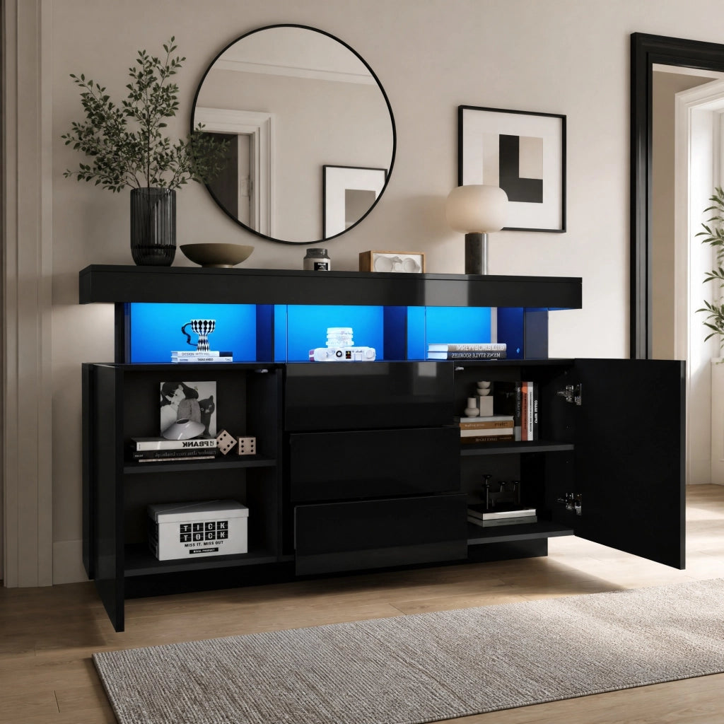 Sideboard moderno lucido nero 140 x 35 x 80 cm con LED, 3 cassetti e 2 vani contenitori