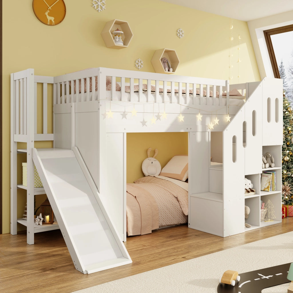 Letto a soppalco per bambini singolo 90 × 200 cm con scivolo, scala contenitore e luce led, senza materasso, bianco