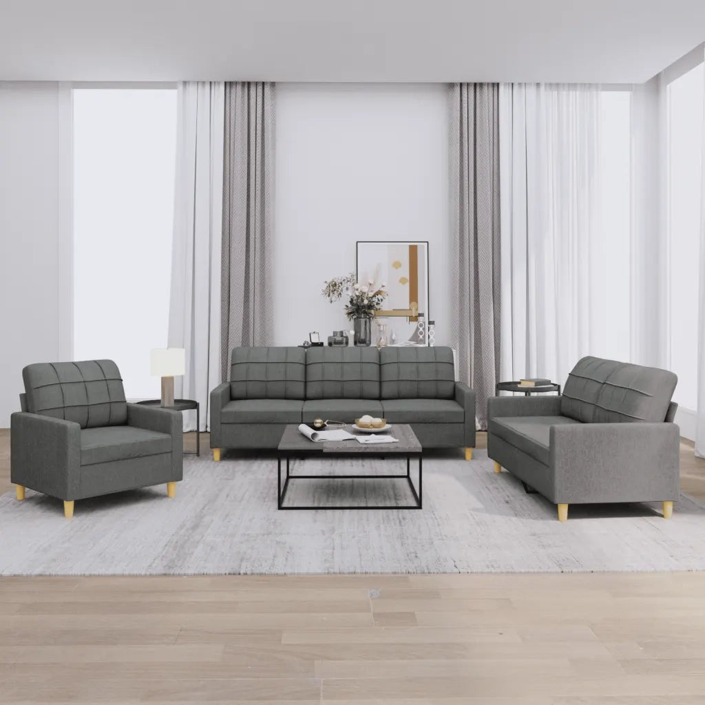 Set di Divani 3 pz con Cuscini Grigio Scuro in Tessuto