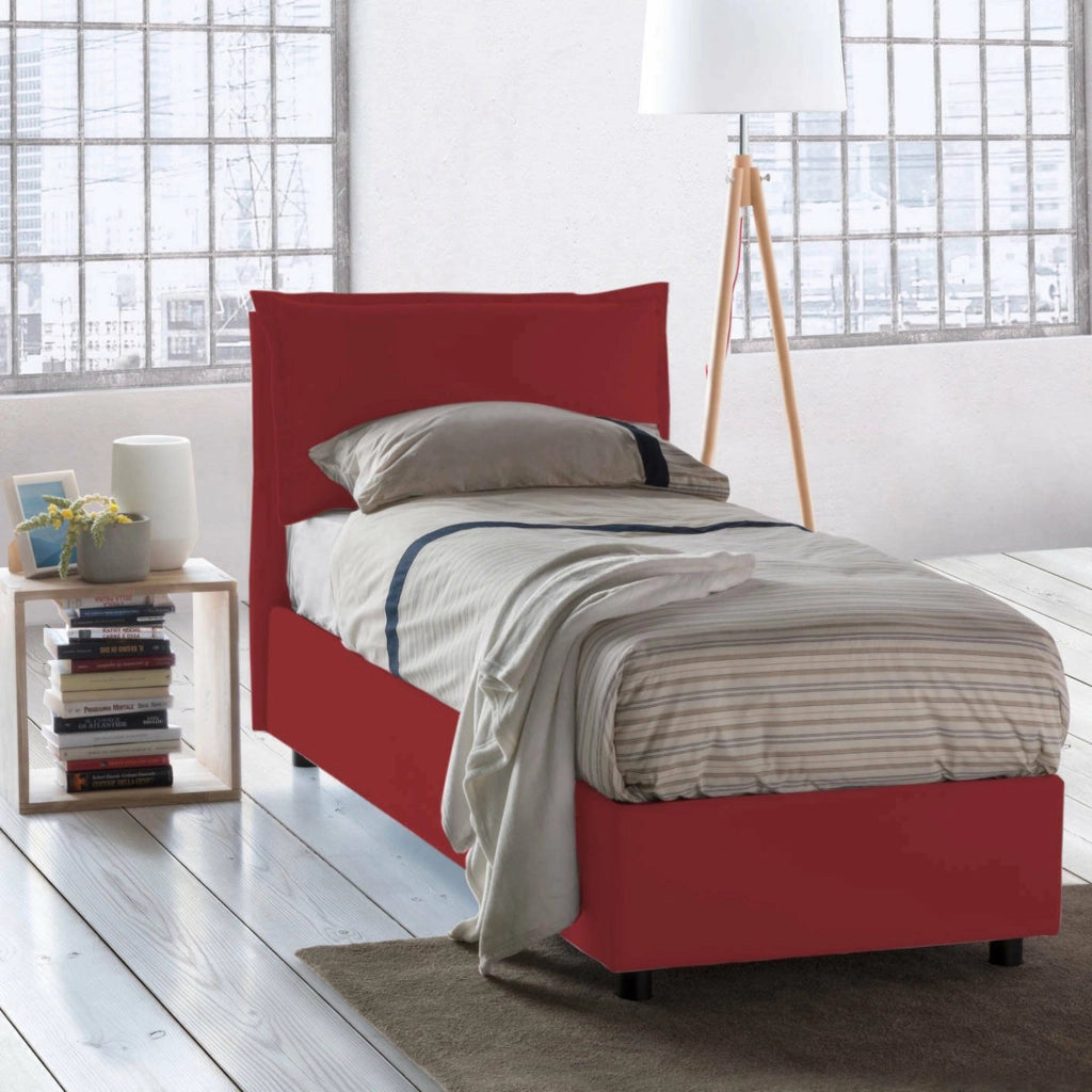 Letto singolo Animal, Letto contenitore con rivestimento in tessuto, Made in Italy, Apertura frontale, con materasso cm 90x190 incluso, Rosso