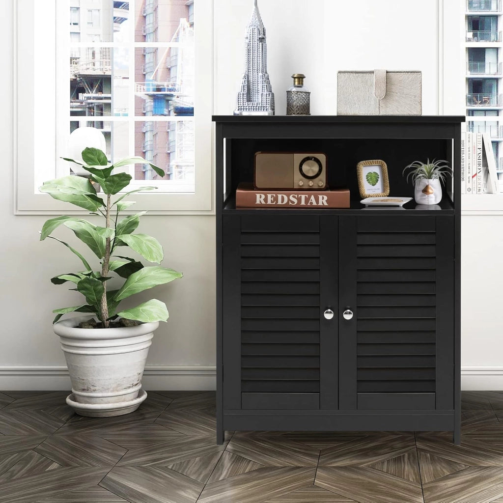Armadietto da bagno, in legno, con ripiano regolabile in altezza, credenza con 2 ante persiane, mobile per bagno, cucina (nero)