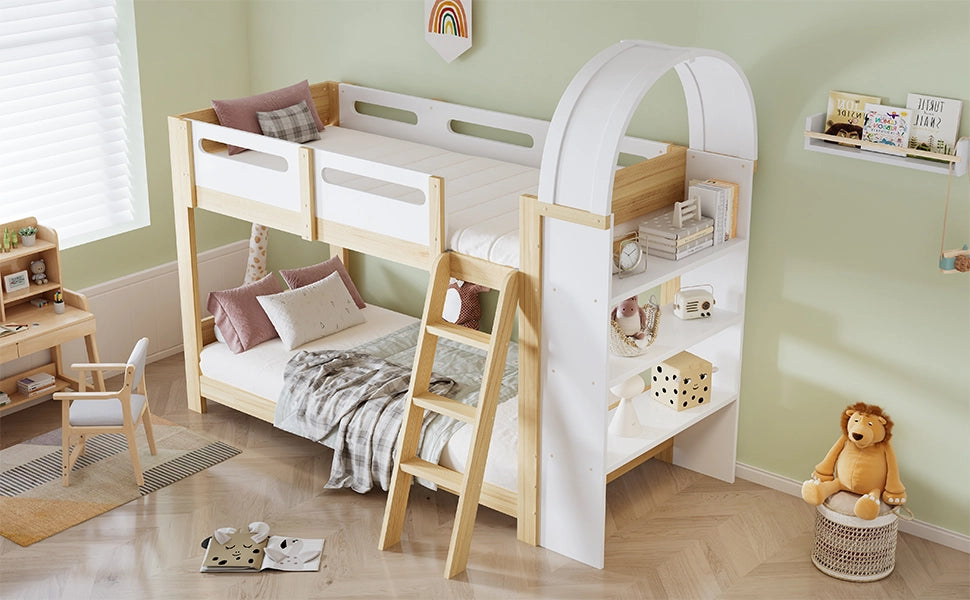 Letto a castello con scaffale a tre ripiani in legno massello e mdf bianco naturale 90x200 cm