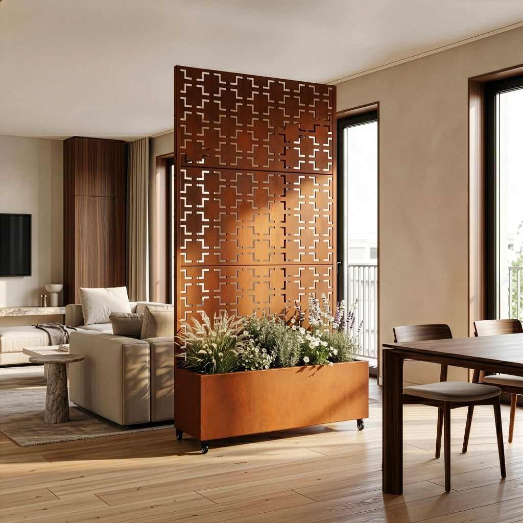 Fioriera con Spalliera Aaskis a Rotelle in Acciaio Corten 190 x 82 x 38 cm - Marrone Ossidato casa.pro