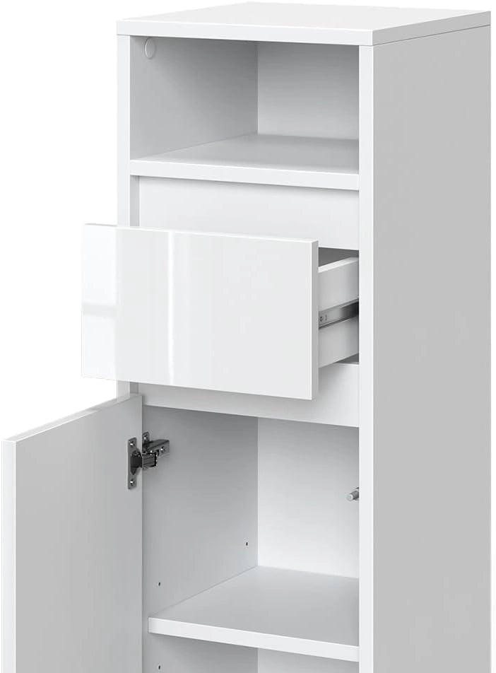Mobiletto bagno Majest, Bianco lucido, 30.2 x 96.3 cm, per la conservazione di accessori da bagno e combinabile