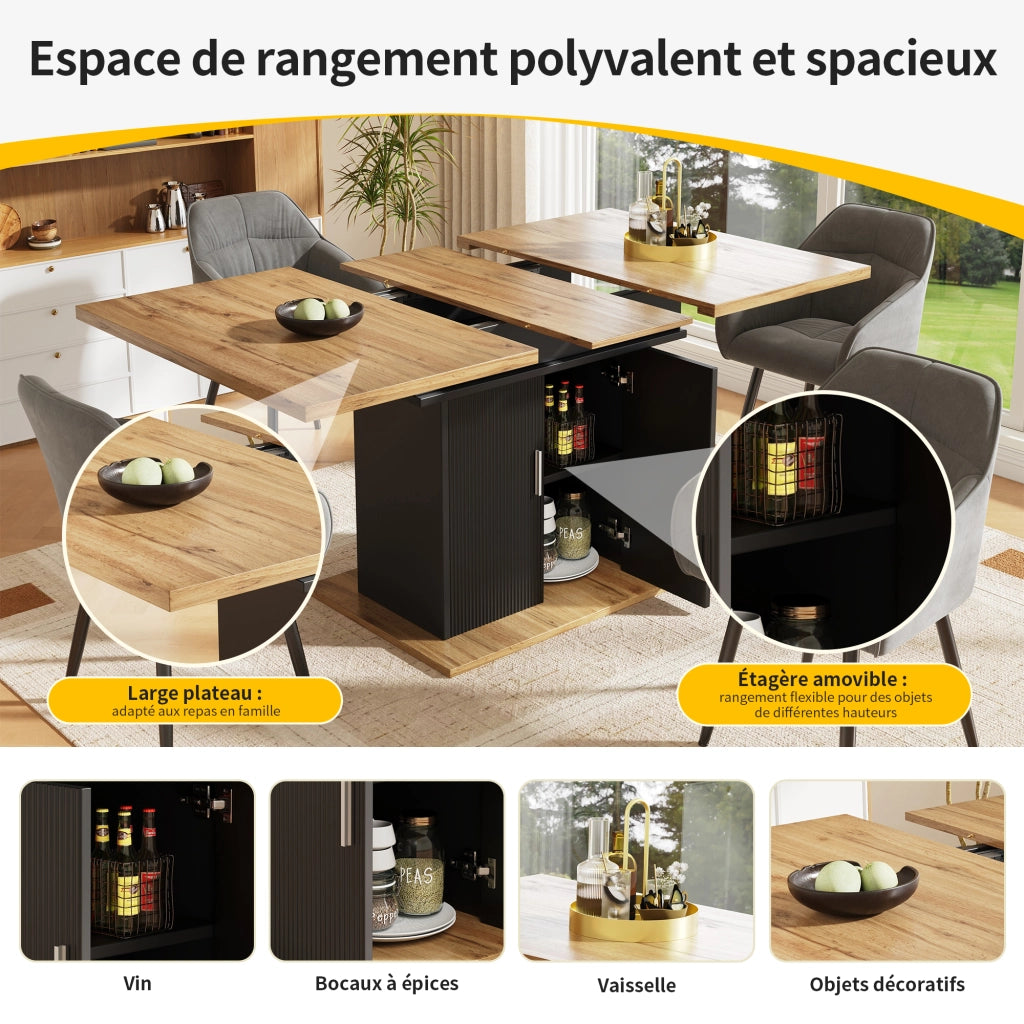 Tavolo da pranzo allungabile con vano contenitore, ripiani regolabili e anta ondulata, per cucina e soggiorno, in MDF nero