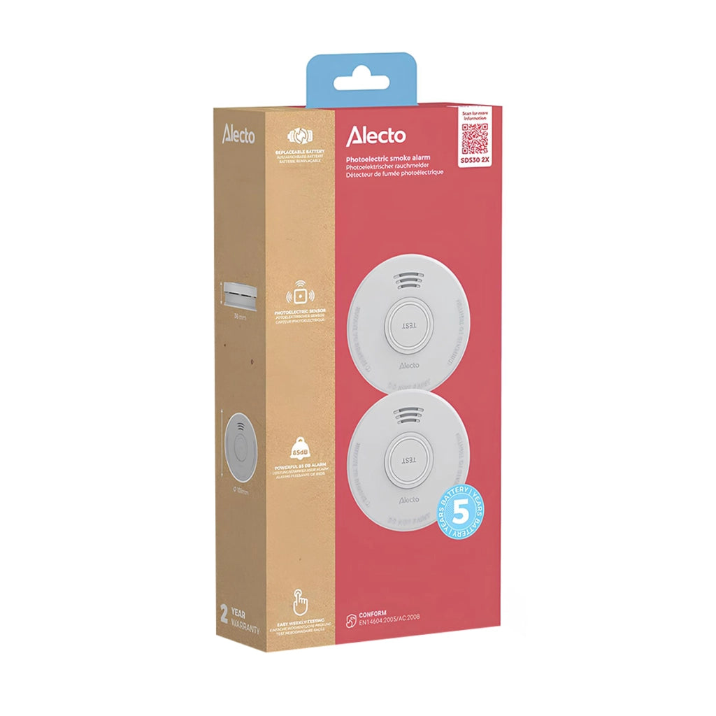 Confezione da 2 Rilevatori di Fumo da 85 dB con Batteria da 5 anni Certificati EN14604 Bianco Alecto