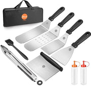 Set di Spatole in Acciaio Inossidabile 9 Pezzi Set di Cucina Piana Accessori da BBQ Professionali con Pennello a Turer Bottiglie e Borsa da Porta per Grigliare all'Aperto
