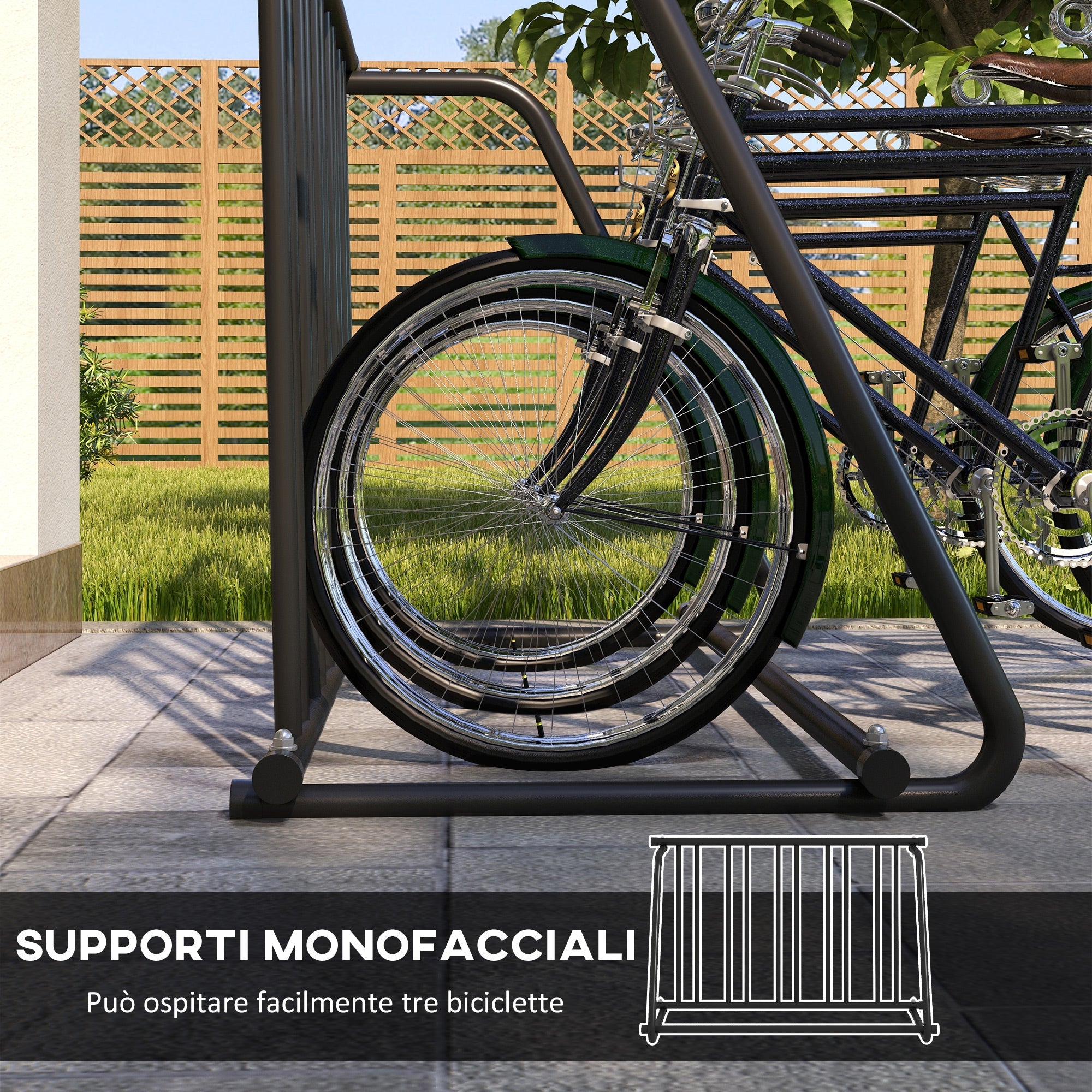Rastrelliera Portabiciclette a 3 Posti da Esterno 114x58x75cm Nero