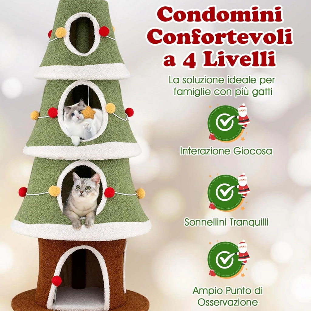 Albero di Natale per Gatti da Interno, Tiragraffi per Gatti Alta 154 cm con 4 Condomini, Pallina Pendete, Giocattolo a Molla e Stella in Cima, Mobile per Animali per Decorazioni Natalizie