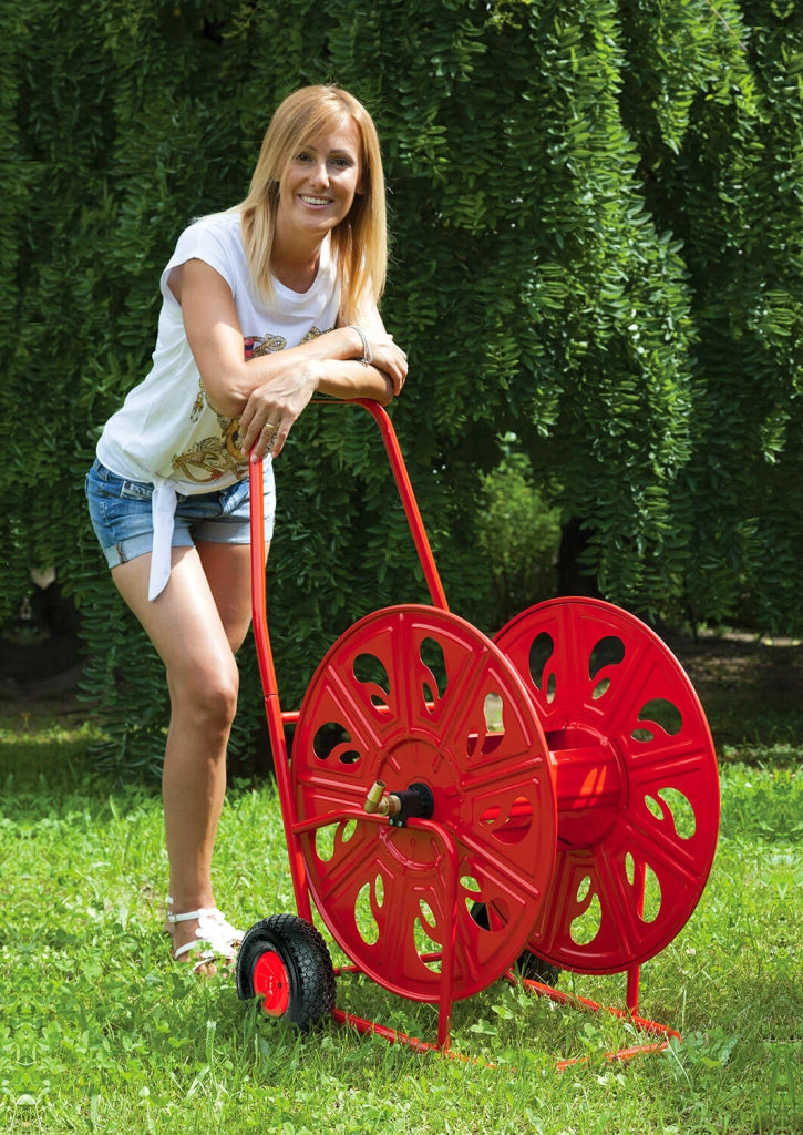 Carrello Avvolgitubo Manuale con Ruote Gonfiabili 140 mt Tubo Ø3/4” in Acciaio Verniciato Rosso Agrati