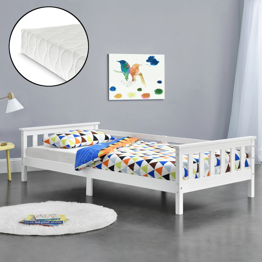Letto per Bambino/Ragazzo con Materasso Ipoallergenico a Schiuma Fredda 90x200 cm Letto di Design Moderno in Legno di Pino con Testiera e Pediera - Bianco