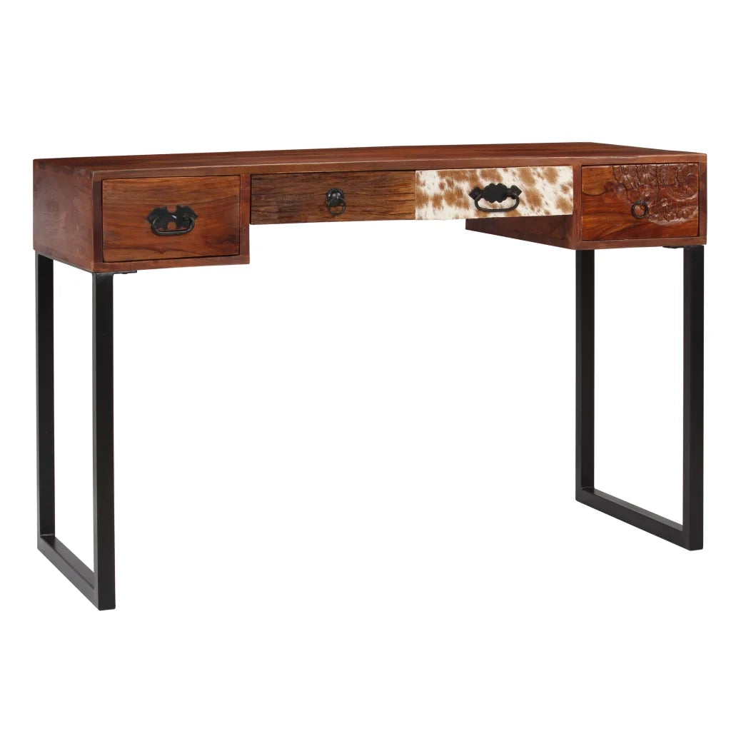Scrivania Legno Massello di Acacia e Vera Pelle 117x50x76 cm 244847