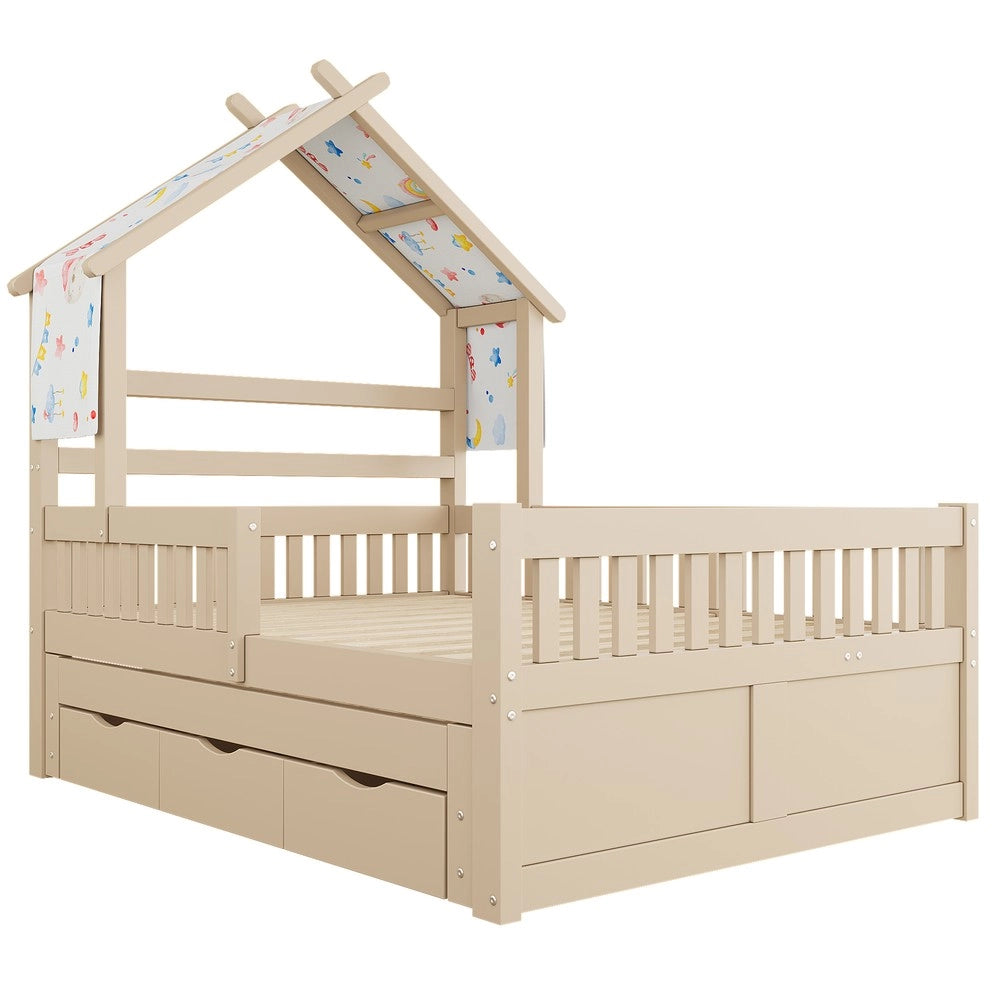 Letto a Casetta con Letto Estraibile, 3 Cassetti e Sponde ¨C Xylo ¨C Legno, Cream, 140x200