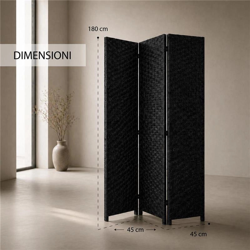 SEPARE' CON TRE PANNELLI IN PLASTICA NERO CON STRUTTURA IN LEGNO MISURE: 180X135CM