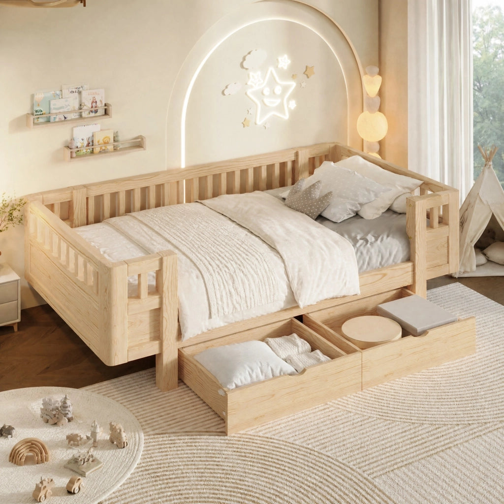 Letto singolo 90x200 in pino con sponde e 2 cassetti