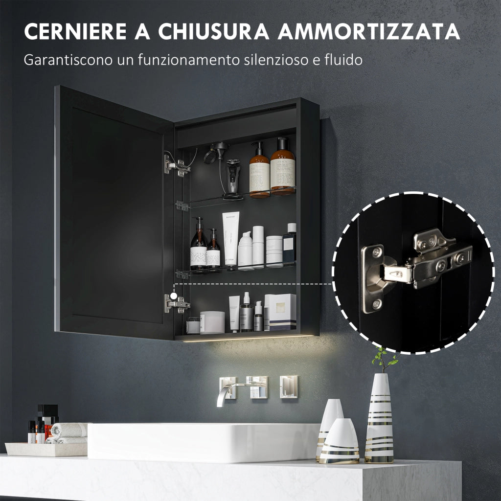 Armadietto Bagno con Specchiera, Luci LED Regolabili e Funzione Anti-Appannamento, Nero