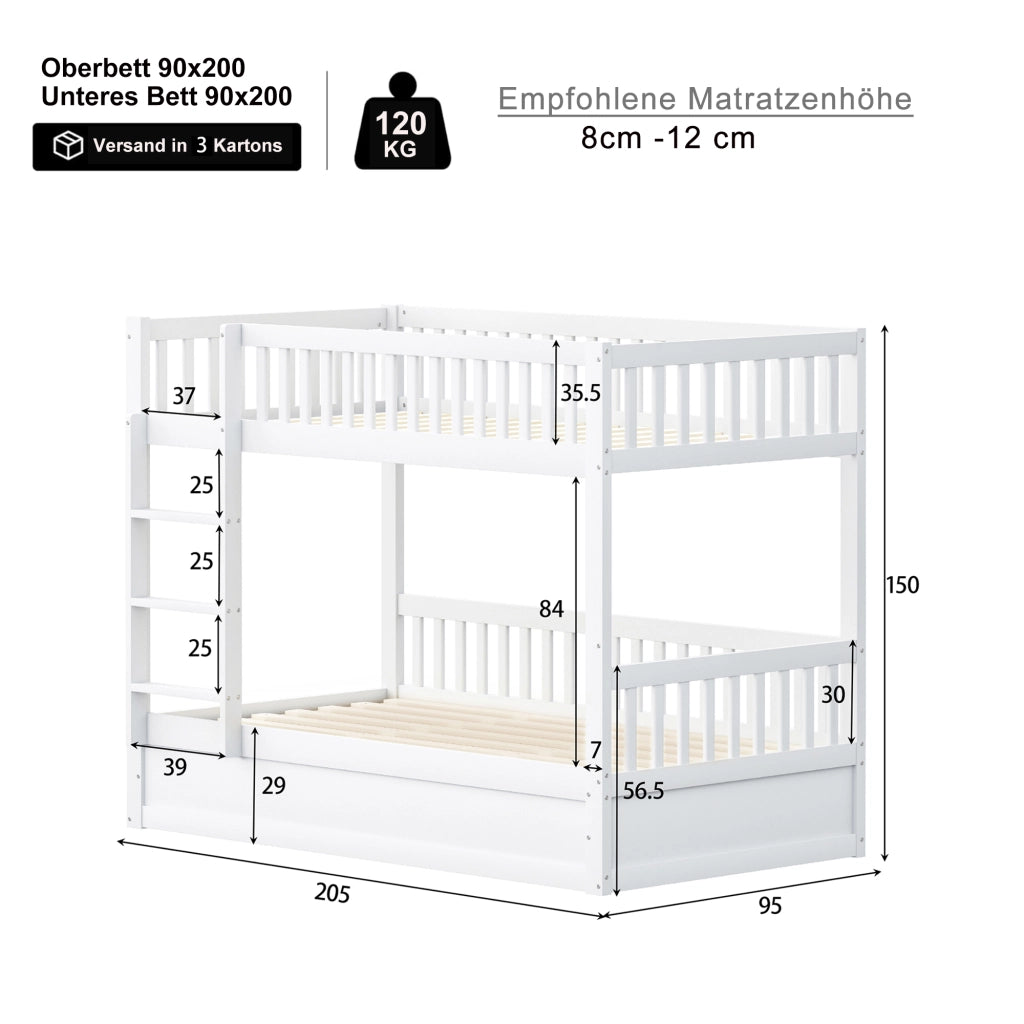 Letto a Castello per Bambini con Contenitore Idraulico ¨C MINIMAL ¨C Massello Bianco 90x200