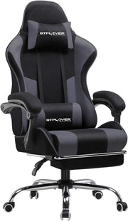 Sedia da gaming, in tessuto, da ufficio, da gioco, ergonomica, con poggiapiedi, per massaggi, cuscino lombare, imbottito, sedia da gioco, sedia girevole, grigio