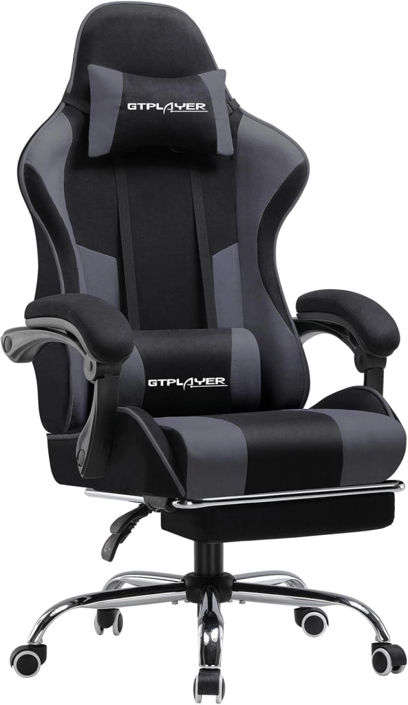 Sedia da gaming, in tessuto, da ufficio, da gioco, ergonomica, con poggiapiedi, per massaggi, cuscino lombare, imbottito, sedia da gioco, sedia girevole, grigio