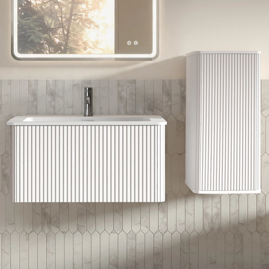 Set di mobili da bagno con lavabo e colonna laterale, bianco in MDF, multistrato e superficie solida