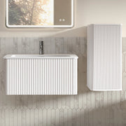 Set di mobili da bagno con lavabo e colonna laterale, bianco in MDF, multistrato e superficie solida