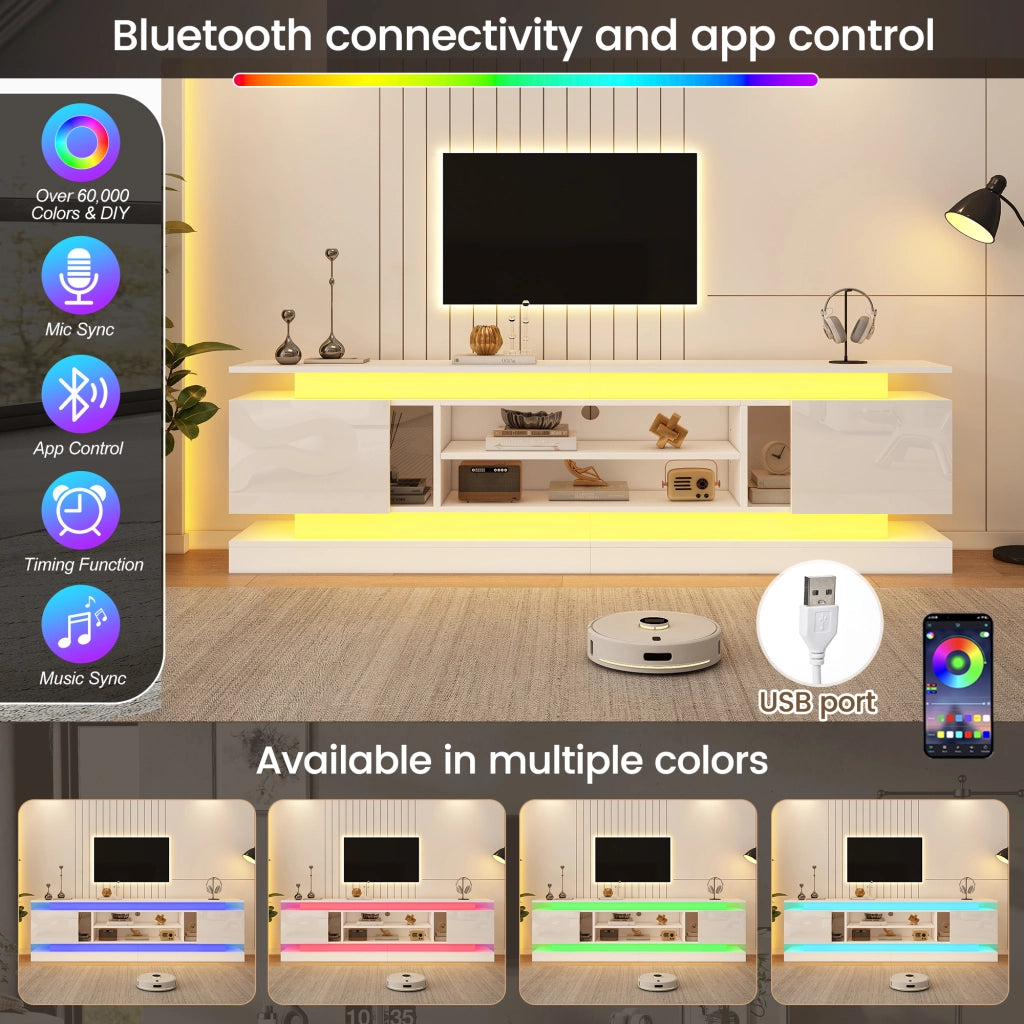 Mobile TV 180 × 35 × 60 cm 2 ante push to open con LED RGB Bluetooth e ripiani regolabili bianco lucido